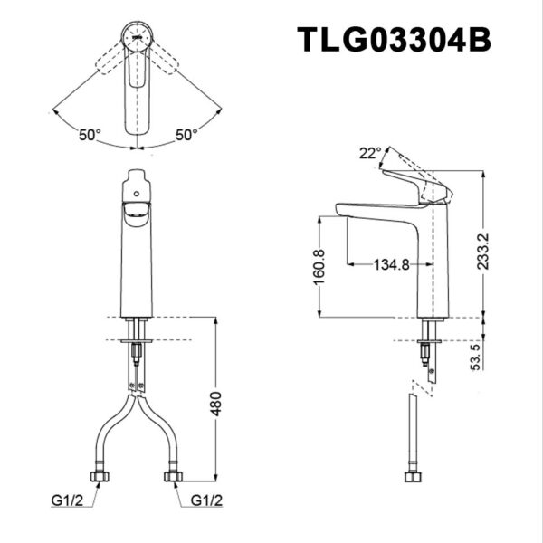 Bản vẽ kỹ thuật Vòi lavabo TOTO TLG03304B nóng lạnh cổ cao
