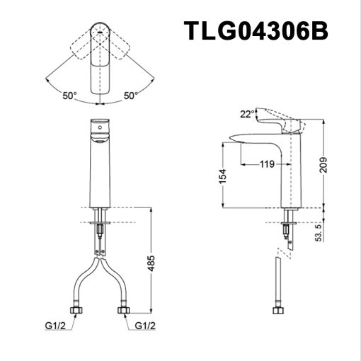 Bản vẽ kỹ thuật Vòi lavabo TOTO TLG04306B nóng lạnh cổ cao