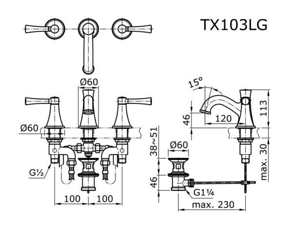 Bản vẽ kỹ thuật Vòi lavabo TOTO TX103LG nóng lạnh 3 lỗ GLORIA