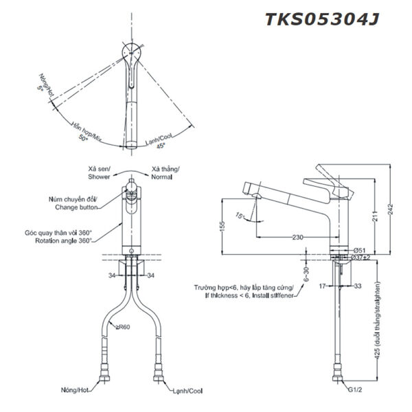 Bản vẽ kỹ thuật Vòi rửa bát TOTO TKS05304J nóng lạnh