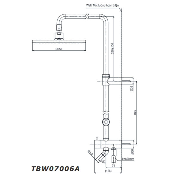 Bản vẽ kỹ thuật Vòi sen cây TOTO TBW07006A