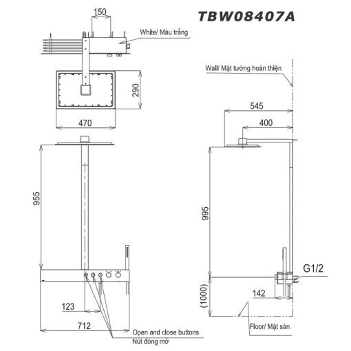 Bản vẽ kỹ thuật Vòi sen cây TOTO TBW08408A nhiệt độ
