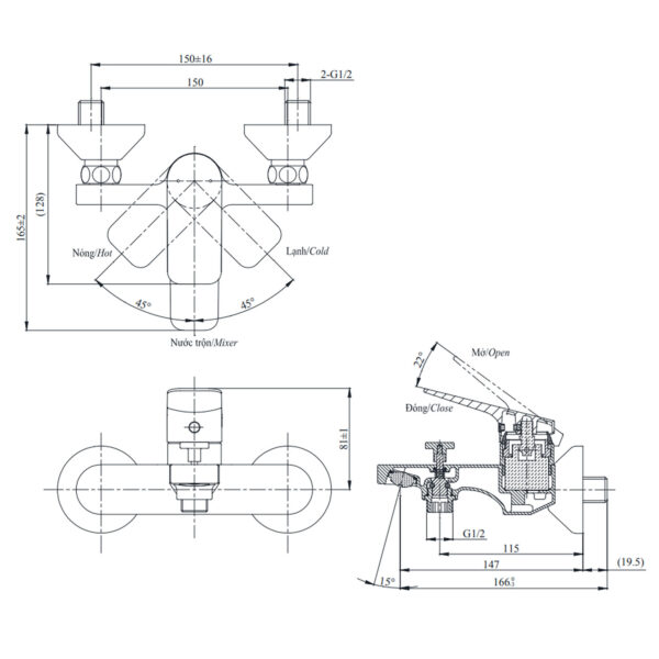 Bản vẽ kỹ thuật Vòi sen tắm TOTO TTMR302V nóng lạnh