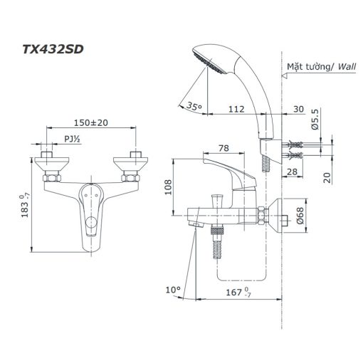 Bản vẽ kỹ thuật Vòi sen tắm TOTO TX432SDN nóng lạnh