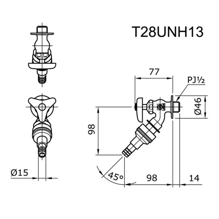 bản vẽ kỹ thuật Vòi nước gắn tường TOTO T28UNH13 nước lạnh