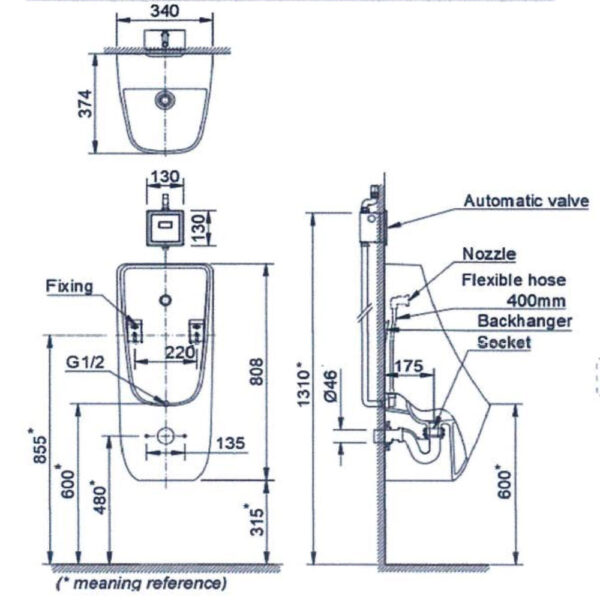 Bản vẽ kĩ thuật Bồn tiểu nam INAX AU-468VAC treo tường