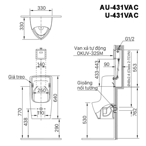 Bản vẽ kĩ thuật Bồn tiểu nam INAX U-431VAC AU-431VAC treo tường cấp âm