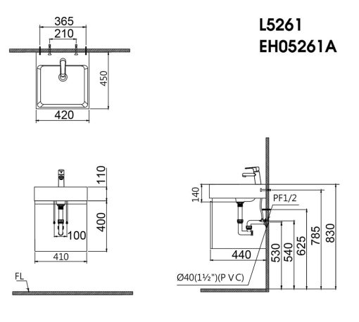 Bản vẽ kĩ thuật Tủ chậu lavabo CAESAR LF5261 EH05261AFV