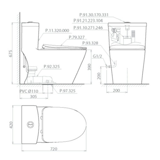 Bản vẽ kích thước Bồn cầu 1 khối PLATINUM P355 P.11.320