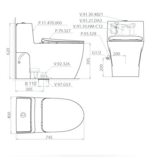Bản vẽ kích thước Bồn cầu 1 khối PLATINUM P359 P.11.470