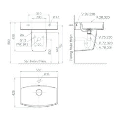 Bản vẽ kích thước Chậu lavabo treo tường PLATINUM P527 P.26.320
