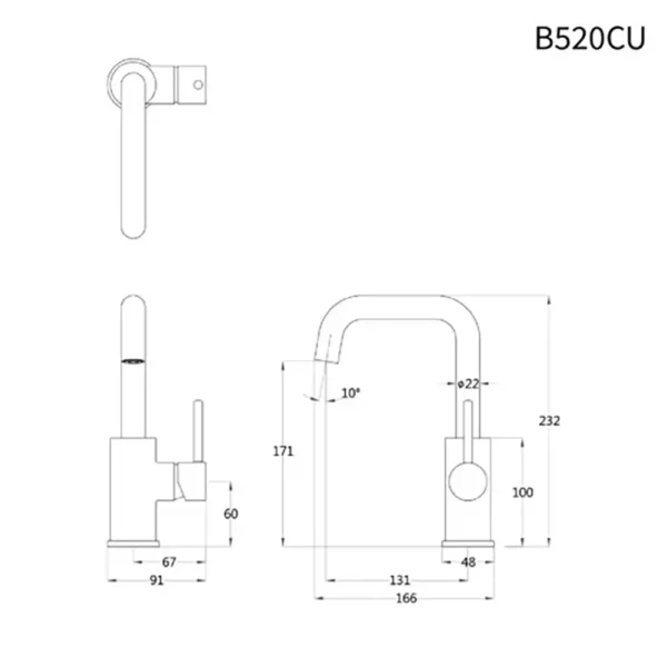 Bản vẽ kỹ thuật Vòi lavabo CAESAR B520CU cổ cao nóng lạnh