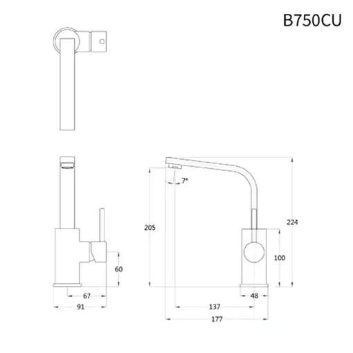 Bản vẽ kỹ thuật Vòi lavabo CAESAR B750CU cổ cao nóng lạnh