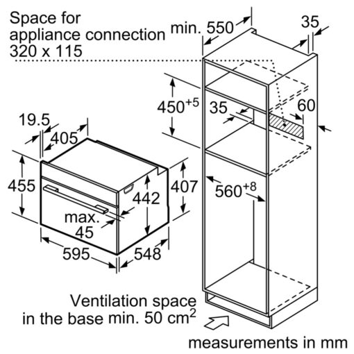 Bản vẽ kích thước Lò nướng kèm vi sóng BOSCH CMG633BB1 serie 8 âm tủ