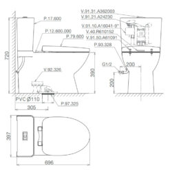 Bản vẽ kích thước Bồn cầu 2 khối PLATINUM P311 P.12.600