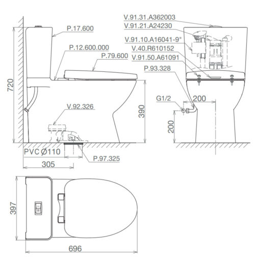 Bản vẽ kích thước Bồn cầu 2 khối PLATINUM P311 P.12.600