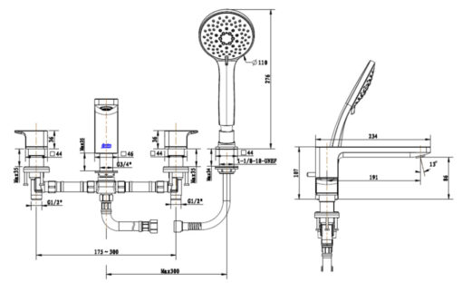 Bản vẽ kỹ thuật Vòi sen bồn tắm American Standard WF-1300BHG Acacia Evolution 4 lỗ gắn bồn