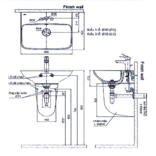 Bản vẽ kĩ thuật chậu lavabo INAX L-298V AL-289V L-288VC chân lửng treo tường