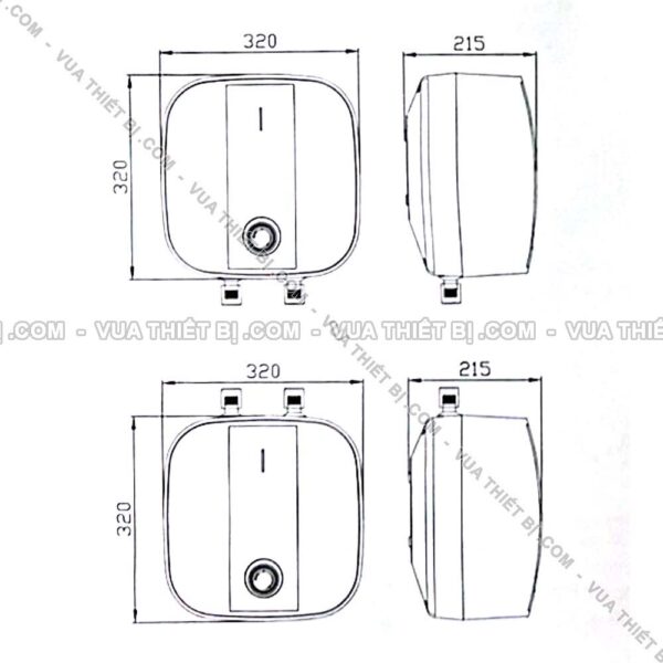 BẢN VẼ KÍCH THƯỚC Bình nóng lạnh ROSSI 6L lít R20 06 HW (R2006HW) cấp dưới bếp rửa bát gián tiếp 1500W