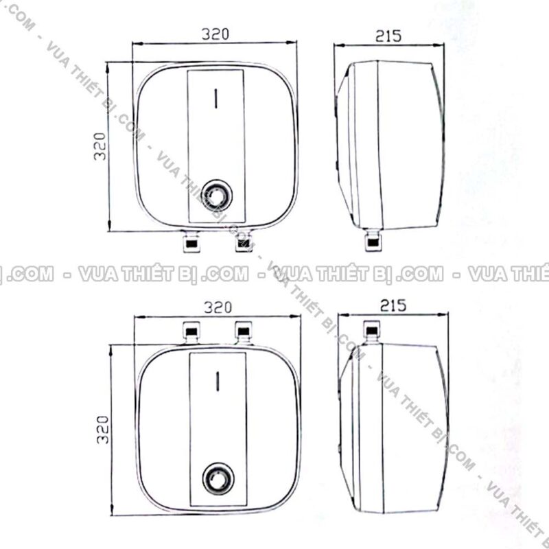 BẢN VẼ KÍCH THƯỚC Bình nóng lạnh ROSSI 6L lít R20 06 HW (R2006HW) cấp dưới bếp rửa bát gián tiếp 1500W