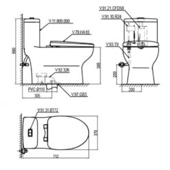 Bản vẽ kĩ thuật Bồn cầu 1 khối VIGLACERA V809 nắp êm