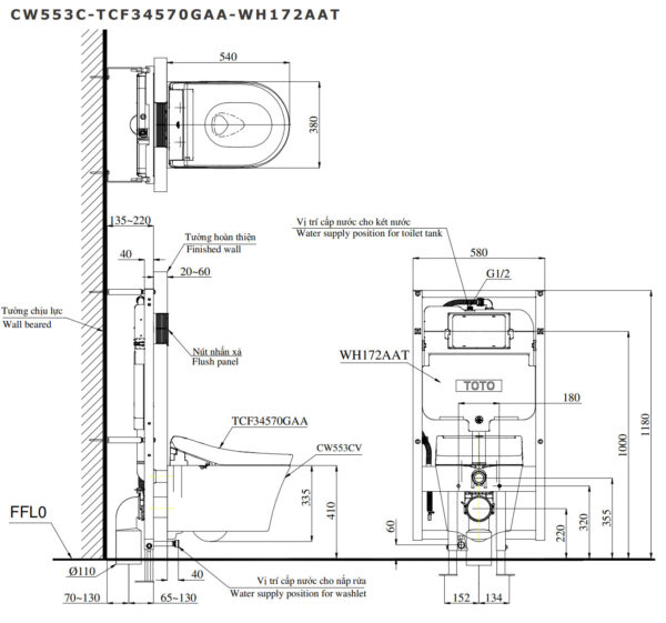 Bản vẽ kĩ thuật Bồn cầu thông minh TOTO CW553C TCF34570GAA WH172AAT TCA502 MB170P#SS nắp rửa điện tử tự đóng mở nắp