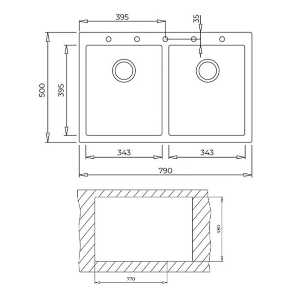 Bản vẽ kỹ thuật Chậu rửa bát đá Teka Forsquare 2B 790 TG 115260016 Beige dương bàn 2 hố