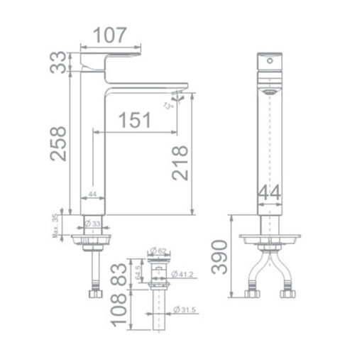 Bản vẽ kỹ thuật Vòi lavabo American Standard WF-1302BHG cổ cao nóng lạnh