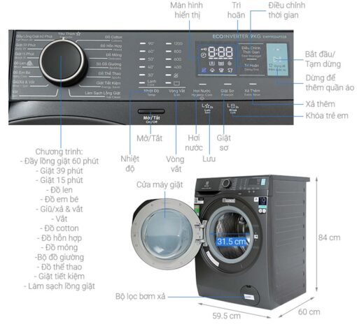 thong so ky thuat May giat Electrolux EWF9024P5SB 9Kg long ngang inverter