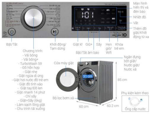 thong so ky thuat May giat say LG FV1410D4P giat 10Kg say 6Kg long ngang inverter