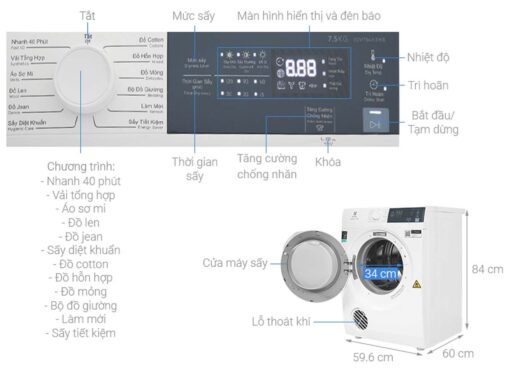 thong so ky thuat May say quan ao Electrolux EDV754H3WB 7.5Kg