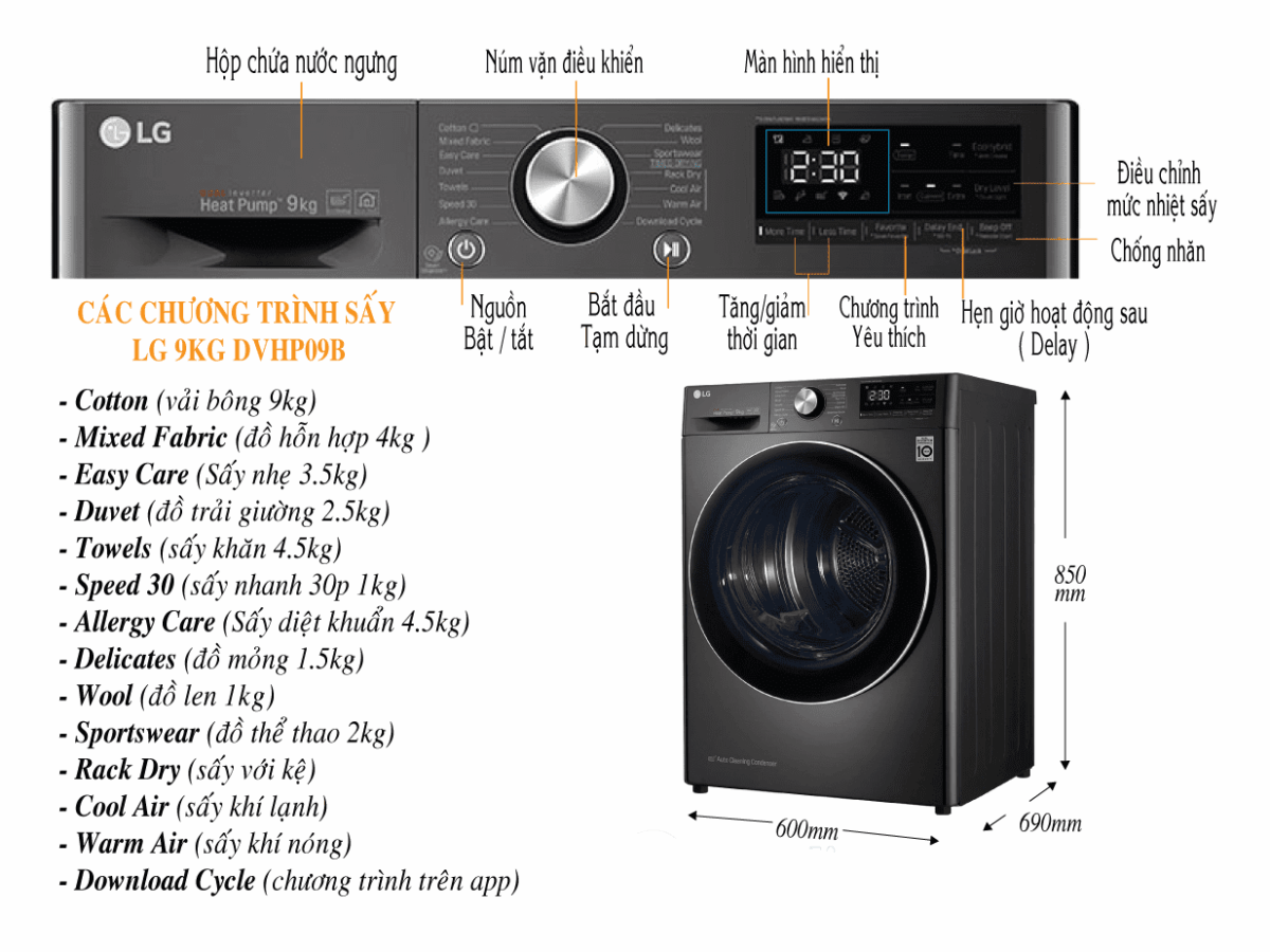 Máy sấy quần áo LG DVHP09B 9Kg Inverter - Ảnh 3