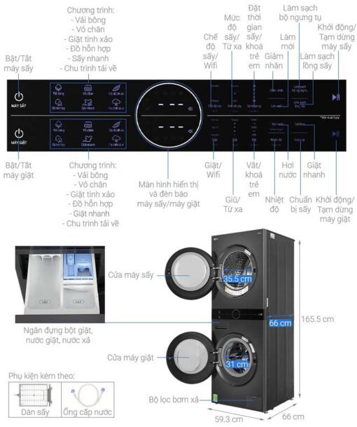 thong so ky thuat Thap giat Say LG WashTower WT1410NHB giat 14Kg say 10Kg inverter