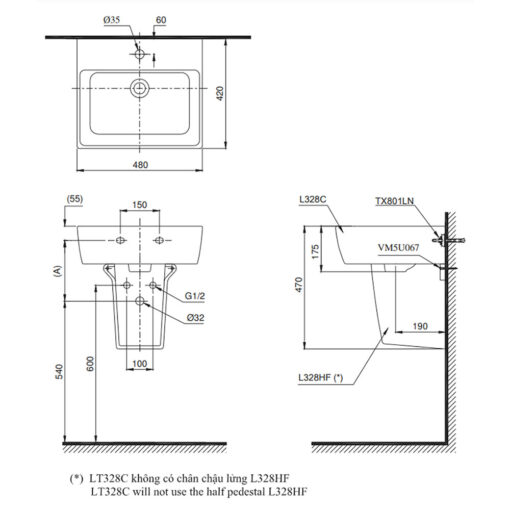 Bản vẽ kĩ thuật chậu lavabo TOTO LT328C