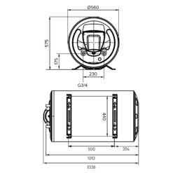 Bản vẽ kỹ thuật Bình nóng lạnh ARISTON ARI 150 HORD 570 THER MO EU 150L lít ngang gián tiếp