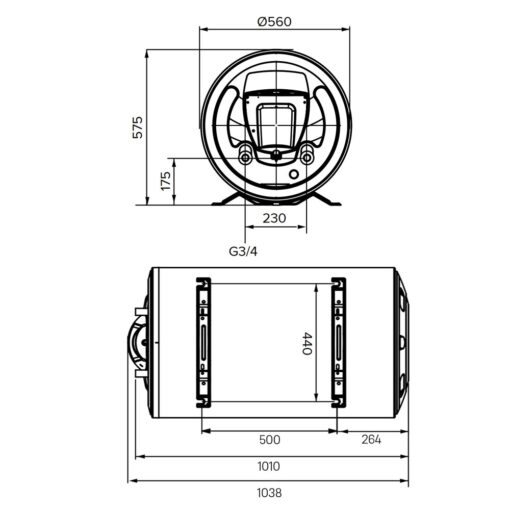 Bản vẽ kỹ thuật Bình nóng lạnh ARISTON ARI 150 HORD 570 THER MO EU 150L lít ngang gián tiếp