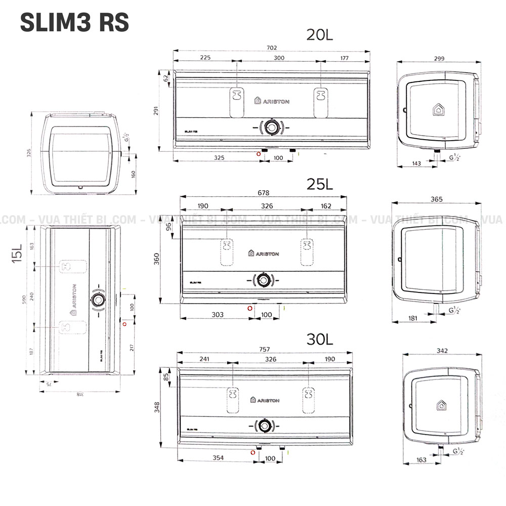 Bản vẽ kỹ thuật Bình nóng lạnh ARISTON SLIM3 15 20 25 30 RS 25L 15L 20L 30L lít (SL3) ngang gián tiếp