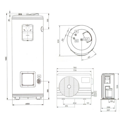 Bản vẽ kỹ thuật Máy nước nóng bơm nhiệt heat pump Ariston NUOS SPLIT INVERTER WIFI FS 270 lít