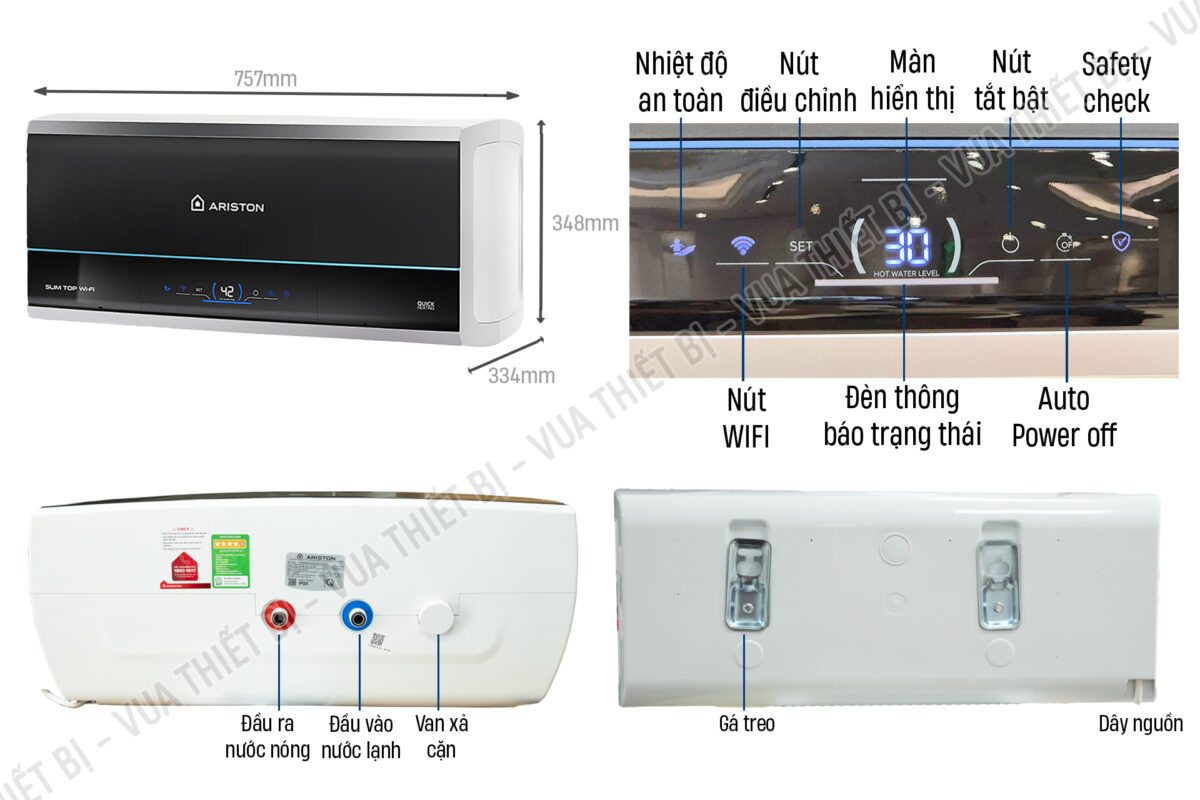 Thông số kỹ thuật Bình nóng lạnh ARISTON SLIM3 30 TOP WIFI AG+ 30L lít (SL3) ngang gián tiếp 2.5FE 2500w
