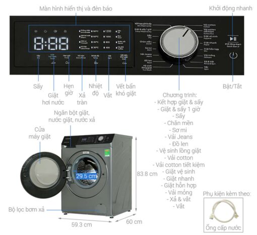 thong so ky thuat Hitachi BD D852HVOS giat 8.5Kg say 5Kg long ngang inverter