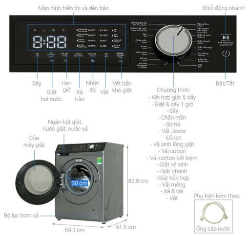 thong so ky thuat May giat say Hitachi BD D1054HVOS giat 10.5Kg say 7Kg long ngang inverter