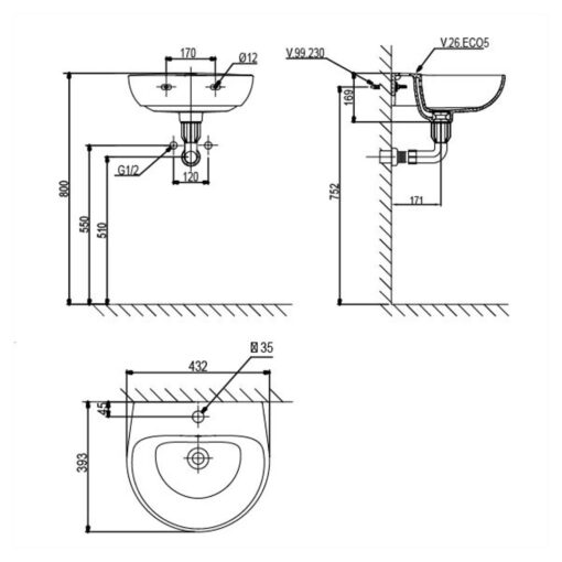 Bản vẽ kĩ thuật chậu lavabo VIGLACERA V.26.ECO5 treo tường