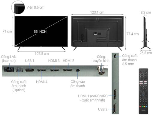 thong so ky thuat Tivi Sharp 4T C55EK2X 55 inch 4K LED Android