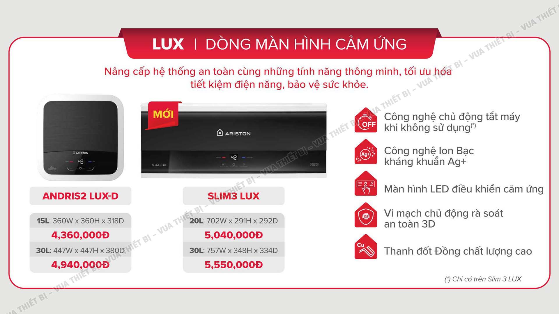 Tinh nang Binh nong lanh Ariston andris2 lux d slim3 lux 15 20 30 lit vuong ngang