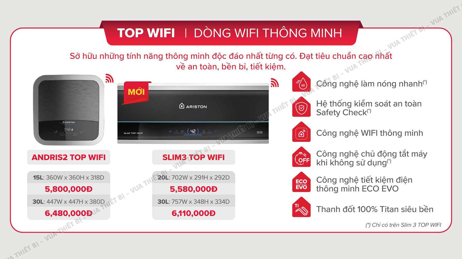 Tinh nang Binh nong lanh Ariston andris2 top wifi slim3 top wifi 15 20 30 lit vuong ngang