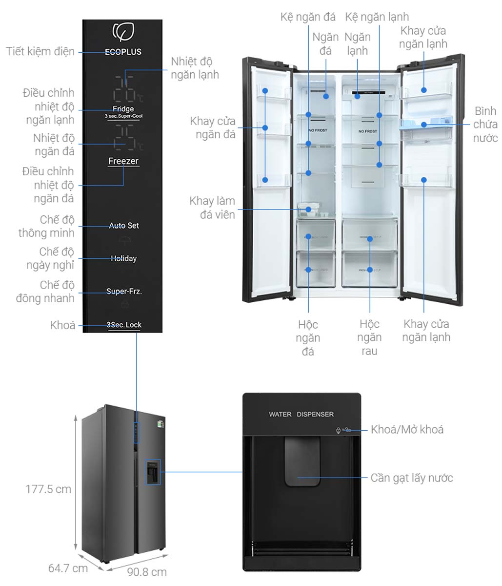Tủ Lạnh Aqua AQR-SW541XA(BL) Side By Side Inverter 570 Lít 7 Tinh nang Tu Lanh Aqua AQR SW541XABL Side By Side Inverter 570 Lit 9