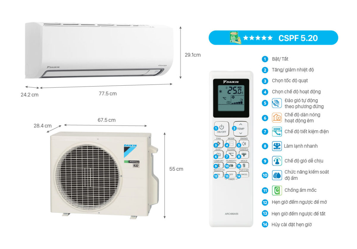 Điều Hòa Daikin FTKB50YVMV 1 Chiều 18000Btu Inverter