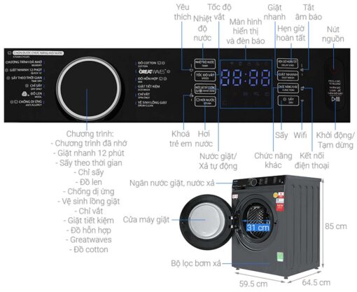 thong so ky thuat May Giat Say Toshiba TWD BM135GF4VMG Inverter Giat 12.5Kg Say 8Kg