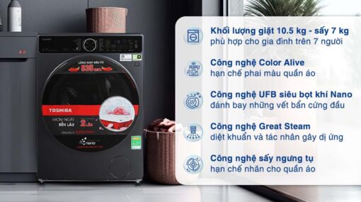 tinh nang May Giat Say Toshiba TWD T25BZU115MWVMG Inverter Giat 10.5Kg Say 7Kg
