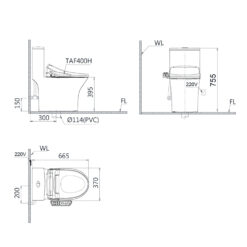 Bản vẽ kĩ thuật Bồn cầu thông minh CAESAR C1391F TAF400H nắp rửa điện tử